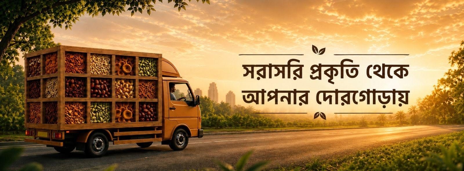 সরাসরি প্রকৃতি থেকে আপনার দোরগোড়ায় – খেজুর, বাদাম ও শুকনো ফলে ভরা বারাকাহ ডেলিভারি ট্রাক